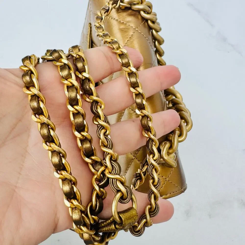 CHANEL Calfskin Caviar Quilted Mini Chain Handle Flap Gold